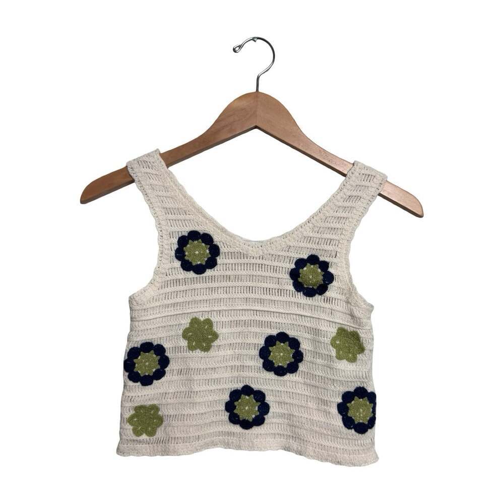 Women’s Crochet Knit Flower Tank Top Y2K Boho Cottagecore Floral Top Size Large